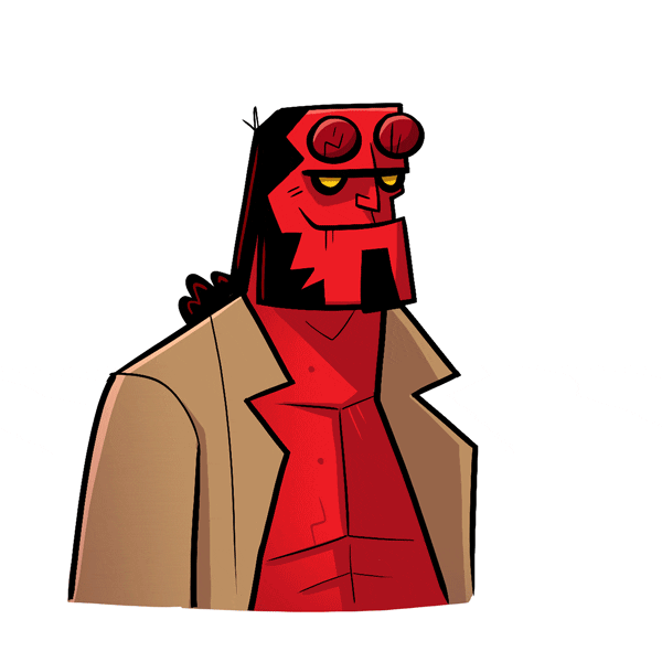 Illustrated gif. Hellboy wears a trench coat and smiles blankly as his arm pops up with a big thumbs-up.