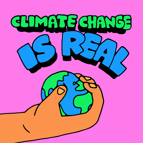 Illustrated gif. Hand squeezes an Earth stress ball on a fuchsia background. Text, "Climate change is real. Your eco-anxiety is valid."