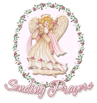 Illustrated gif. An image of an angel is surrounded by a garland of green and pink sparkling flowers. Below the angel, in pink script, it reads, "Sending prayers."