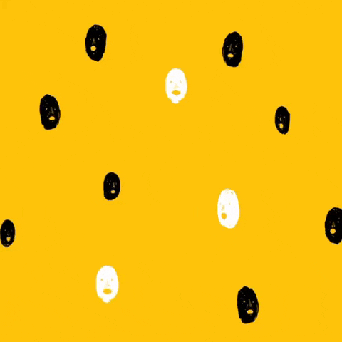 Illustrated gif. Group of tiny white and black faces hop around incrementally on a yellow background.