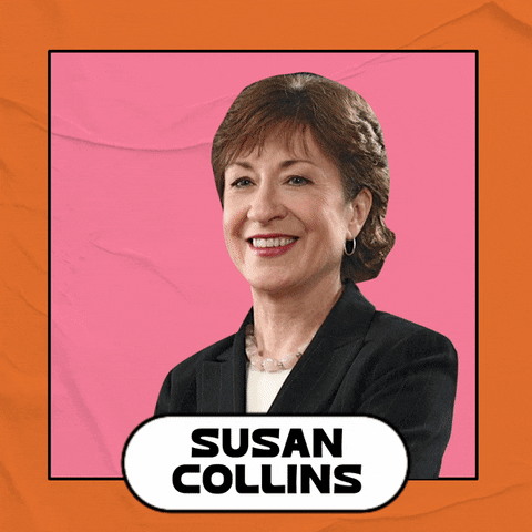 Photo gif. Make America Great Again hat adheres to a smiling photo of Susan Collins framed in pink against an orange background. A stamp appears next to her that reads, “Is a Trump Republican.”