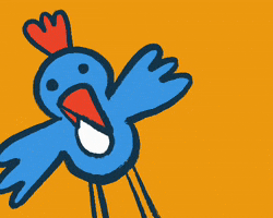 Digital art gif. A sketch of a blue chicken opens and closes its wings. It says, "Hi!"