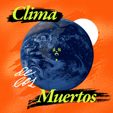 Digital art gif. Line drawing of a sugar skull materializes atop the Earth suspended in space, atmosphere stale and orange like fire, a collaged message in Spanish, "Clima de Los Muertos."