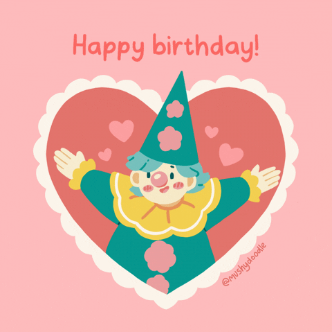 Digital illustration gif. Clown wearing a green pointed cone-shaped hat, and a round pink nose opens her arms wide as pink hearts burst around her in a heart-shaped frame. Text, "Happy birthday!" 