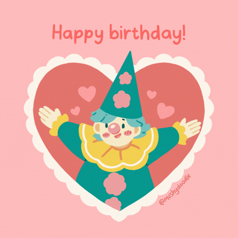 Digital illustration gif. Clown wearing a green pointed cone-shaped hat, and a round pink nose opens her arms wide as pink hearts burst around her in a heart-shaped frame. Text, "Happy birthday!" 