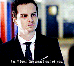 Gif of Andrew Scott as Moriarty (in BBC's Sherlock) saying "I will burn the heart out of you" with a vicious expression.