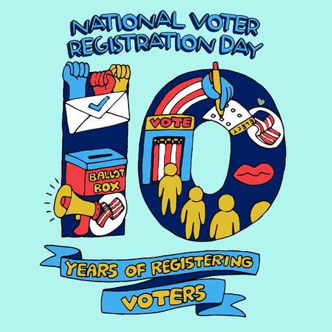 Digital art gif. Stylized text reads, “National Voter Registration Day 10 years of registering voters,” against a light blue background. The number 10 is filled with animated voting and activism doodles, including a ballot box, a megaphone, people waiting for the voting box, group of fists pumping in the air over an envelope, and a hand filling out a ballot.