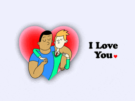 Cartoon gif. A cute gay couple sway with their arms around each other's shoulders in a big red heart. Text, "I love you."