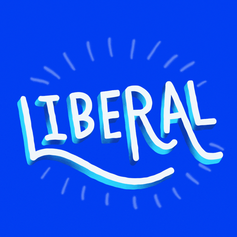 Digital art gif. Large, white and blue letters proudly proclaim the word, "Liberal" against a blue background.