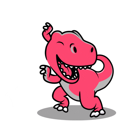 Kreslená pohyblivá animace s tancujícím smějícím se červeným dinosaurem. 