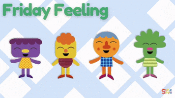 Cartoon gif. Four colorful characters jump with their arms in the air with big smiles on their faces. Their jumping get faster and faster. Text, “Friday Feeling.”