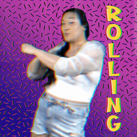 Video gif. Woman wearing jean shorts and knee-high boots twirls her arms around each other and swings her hips as text fills the spaces around her, reading "Rolling into the weekend."
