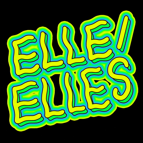 Text gif. Neon yellow, green, and blue, graffiti-inspired handwriting font bumps and glows, reading "Elle/elles."