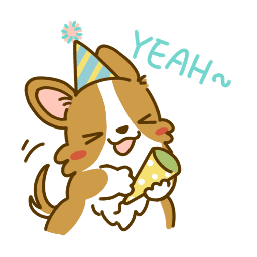 Kreslený pohyblivý obrázek s pejskem s narozeninovou čepičkou, vystřelujícím konfety s nápisem "Yeah".