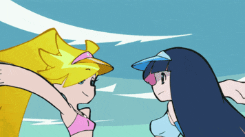 Anime gif. Panty and Stocking from Panty & Stocking with Garterbelt high five each other, punctuated by a splash of water, saying "Nice!"