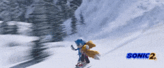 Movie gif. Sonic the Hedgehog from the second Sonic the Hedgehog 2 snowboards down a hill while escaping an avalanche. Sonic has Tails slung over his shoulder and is talking angrily into his phone.