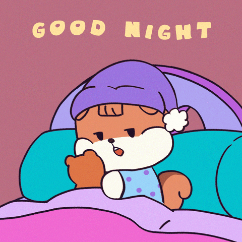 Cartoon gif. Sleepy squirrel tucked in bed wearing a purple night cap and squeezing an animal plushy. Above the squirrel, letters rock back and forth gently, "Good Night."