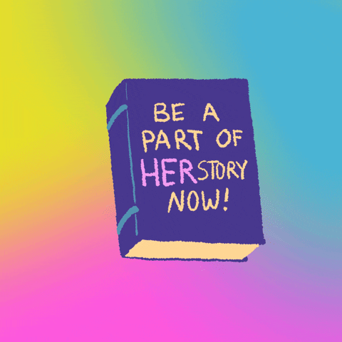 Text gif. Purple book the cover reading "Be a part of her-story now," opens and cash flies out, revealing a page reading "Save the environment and your money," another page turns and reads "Go electric!"