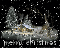 Illustrated gif. Snow falls on the quiet scene of a cabin among pine trees surrounded by a wooden fence. Text, "Merry Christmas."