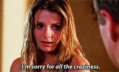 TV gif. Mischa Barton as Marissa Cooper on The OC shrugs lightly and raises her eyebrows and apologizes. Text, "I'm sorry for all the craziness."