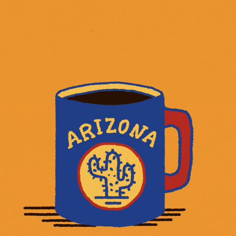 Digital art gif. Blue mug full of coffee featuring a cactus labeled “Arizona” rests over an orange background. Steam rising from the mug reveals the message, “Vote early.”