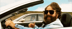 Movie gif. Zach Galifianakis as Alan in The Hangover is driving a convertible car. He looks over at us with blacked out sunglasses and a wide smile on his face. He gives us a big thumbs up. 