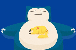 Cartoon gif. Giant chubby Snorlax, a Pokémon bear, lays on her back asleep, taking deep heaving breaths. A tiny little Pikachu is curled up asleep on her belly. Text, "Atop-belly sleep."