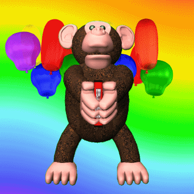 Digital art gif. A 3D rendering of a monkey opening and closing a poster that says, “Happy Birthday.” Balloons fly around the back and the background is rainbow.
