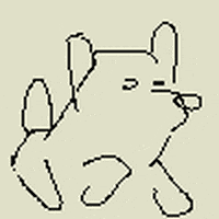 Digital Art gif. Pixelated line drawing of a dog with a round nose pedals its legs as it runs in place.