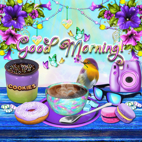 Digital illustration gif. Table full of items including a bird with a flower in its mouth, a steaming mug of coffee with heart-shaped foam, a polaroid camera, and various sweets. Flowers, butterflies, and beads hang above the table. Text, "Good morning!'
