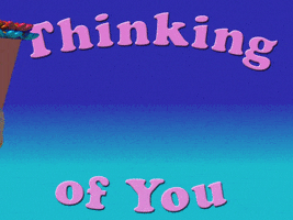 Text gif. A hand holding a bouquet emerges. Text, “Thinking of you.”