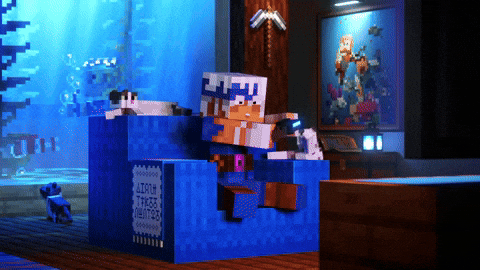 A Minecraft character sitting on a sofa with a controller, reacting with dismay