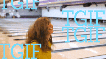 Video gif. A woman is at a bowling alley and has scored well. She jumps up and down in excitement and the text flashes around her, reading, "TGIF."
