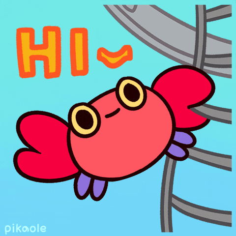 Illustrated gif. Small cute crab hangs from a ladder coming off of a helicopter. The helicopter flies closer to us and the crab waves his claw at us. Text, “Hi!”