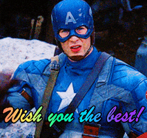 Disney gif. Chris Evans as Captain America looks at us with a tired expression. He flicks his hand off of his forehead to wave to us. Text, “Wish you the best!”