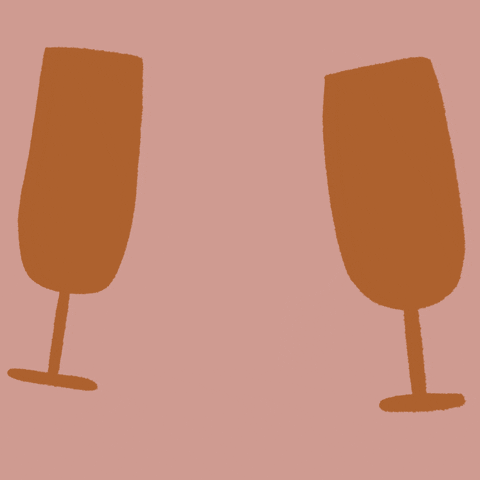 Illustrated gif. Two burnt orange colored wine glasses clink together in cheers against a dusty pink background.
