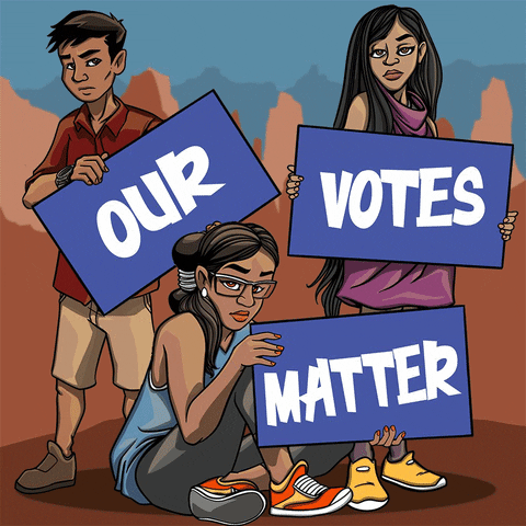 Digital art gif. Three cartoon Native American people, two women and one man with stern looks on their faces, tilt large blue signs in the hands that read, "Our votes matter."