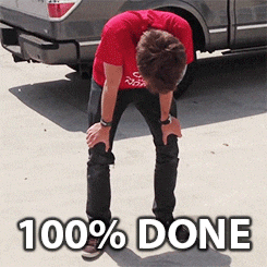 Video gif. A young man bends over with his hands on his knees before falling in a limp heap on the ground. Text, 100% done.