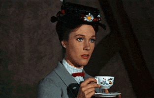 Movie gif. Julie Andrews as Mary Poppins. She holds a teacup and saucer demurely and closes her eyes and takes a small breath of in annoyance at news she's just heard.