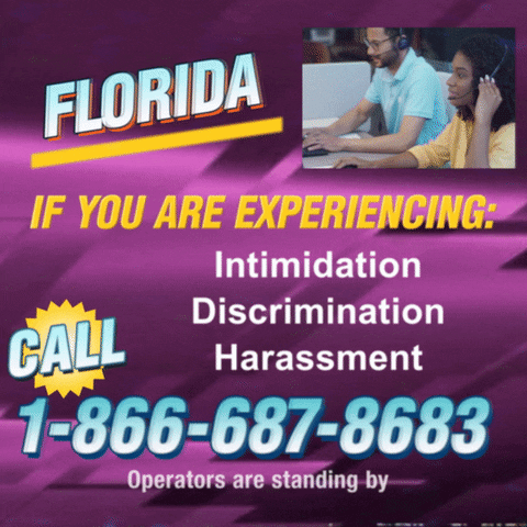 Text gif. Against a purple background that looks like a retro 1990s infomercial with a small video in the top right corner that shows two operators high-fiving. Text, “Florida, if you are experiencing intimidation, discrimination, harassment, call 1-866-687-8683. Operators are standing by.”