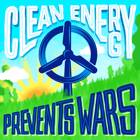 Illustrated gif. Blue windmill spins in the grass beneath a clear sky as the sun radiates on the horizon. Text, "Clean energy prevents wars."
