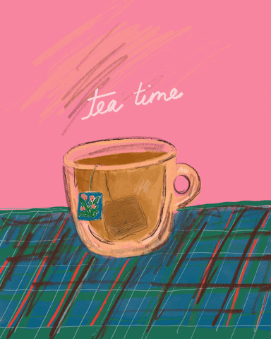 Digital art gif. A rough sketch of a mug sitting on a plaid tablecloth with the text above reading, "Tea time."