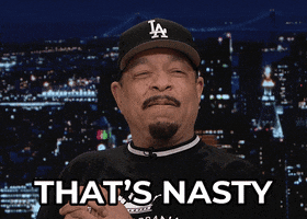 Tonight Show gif. Ice T is being interviewed and he squints his eyes while crossing his fingers and says, "That's nasty."