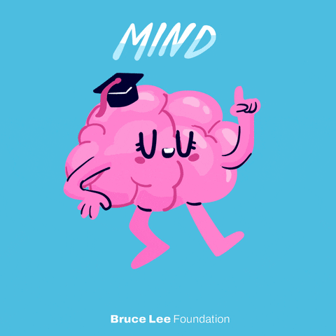 Digital art gif. Cartoon pink brain with a smiling face and a graduation cap turns into a cartoon raised fist, which turns into a cartoon red heart with a determined look on its face, all against a bright blue background. Text, "Mind, body, spirit."