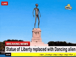 Digital art gif. A chrome alien has taken the place of the Statue of Liberty and is dance using tutting moves on the platform where she used to be. The text reads, "Breaking News: The Statue of Liberty Replaced with Dancing Alien."