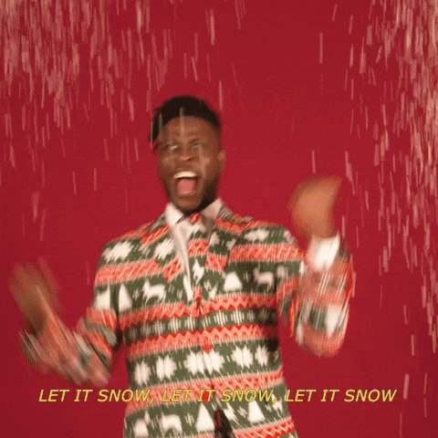Video gif. Man wearing a red and olive green Christmas suit dances as snow falls around him. He smiles with his mouth gaping open as he turns from side to side and pumps his fists toward his chest. Text, "Let it snow, let it snow, let it snow."