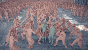 Music video gif. From the video for Me!, Taylor Swift and Brendon Urie, dressed in mint green riding suits, stand in the middle of a brickyard, surrounded by hoards of dancers swarming around, big, bold glitter letters scrolling up and out. Text, "Me!"