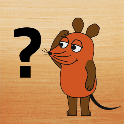 Cartoon gif. Against a wood-grain background, an orange and brown mouse scratches its head while looking at a black question mark.