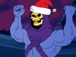 Cartoon gif. Skeletor from He-Man & She-Ra: A Christmas Special. Skeletor is wearing a Santa hat and has both fists up in the air as he pumps them in unison.