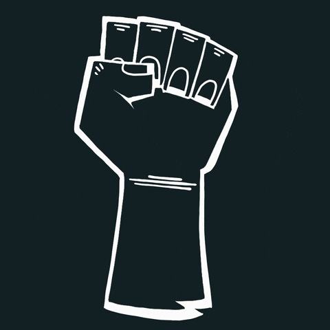 Text gif. Raised fist with the words "End, police, violence, defund, the, police" against a dark green background.